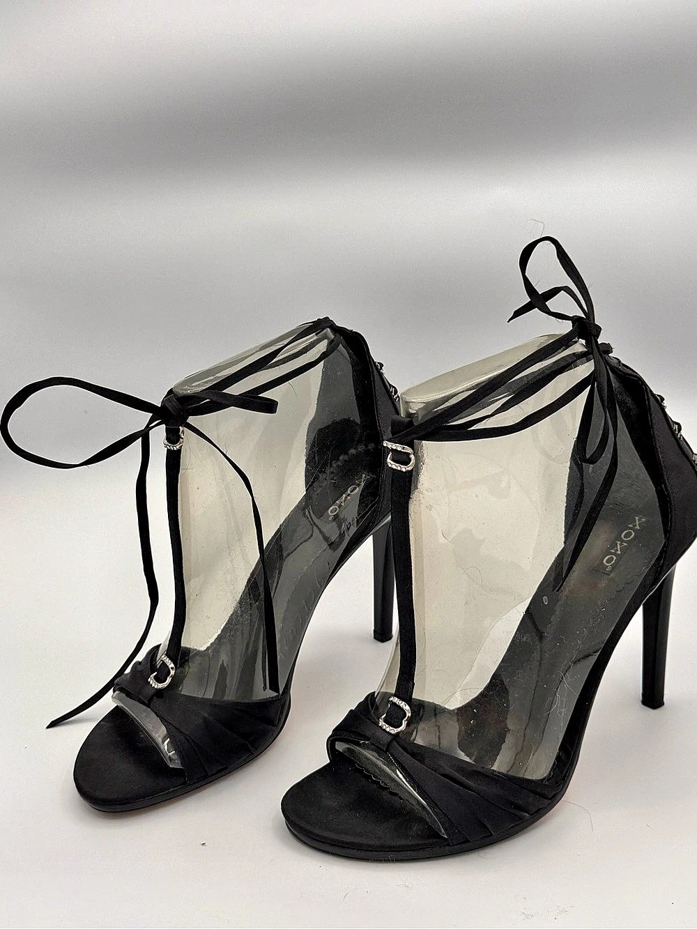 Vintage Y2K XOXO Black Satin Corset Lace Up Heels Size 10 Rhinestone Buckle
